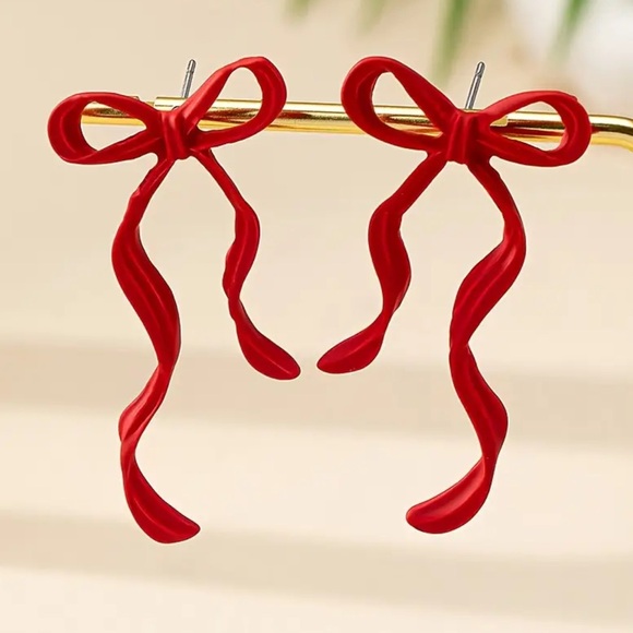 Elegant Red Bow Earrings - Picture 3 of 7